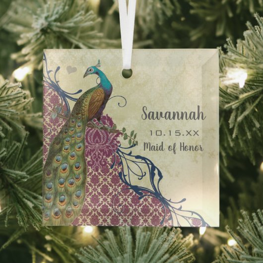 Navy & Berry Berry Elegant Damask Peacock Wedding Glas Ornament (Insitu)