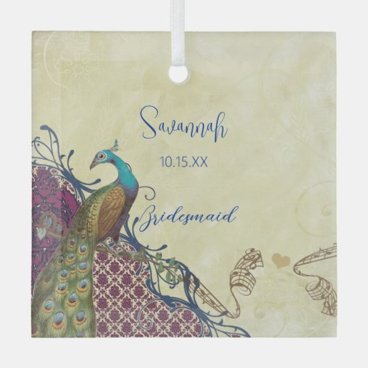 Navy & Berry Berry Elegant Damask Peacock Wedding Glas Ornament (Voorkant)