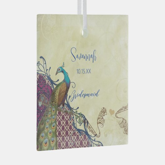 Navy & Berry Berry Elegant Damask Peacock Wedding Glas Ornament (Voorkant Rechts)
