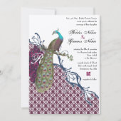 Navy & Berry Berry Elegant Damask Peacock Wedding Kaart (Voorkant)