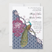 Navy & Berry Berry Elegant Damask Peacock Wedding Kaart (Voorkant)