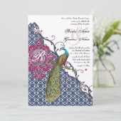 Navy & Berry Berry Elegant Damask Peacock Wedding Kaart (Staand voorkant)