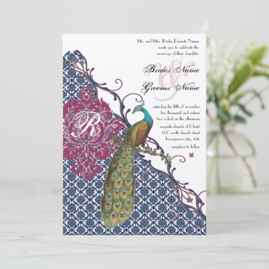 Navy & Berry Berry Elegant Damask Peacock Wedding Kaart (Staand voorkant)