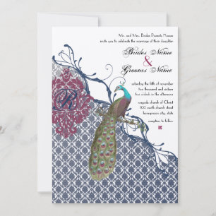 Navy & Berry Berry Elegant Damask Peacock Wedding Kaart