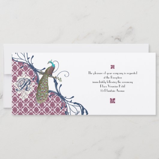 Navy & Berry Berry Elegant Damask Peacock Wedding Kaart (Voorkant)