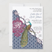 Navy & Berry Berry Elegant Damask Peacock Wedding Kaart (Voorkant)
