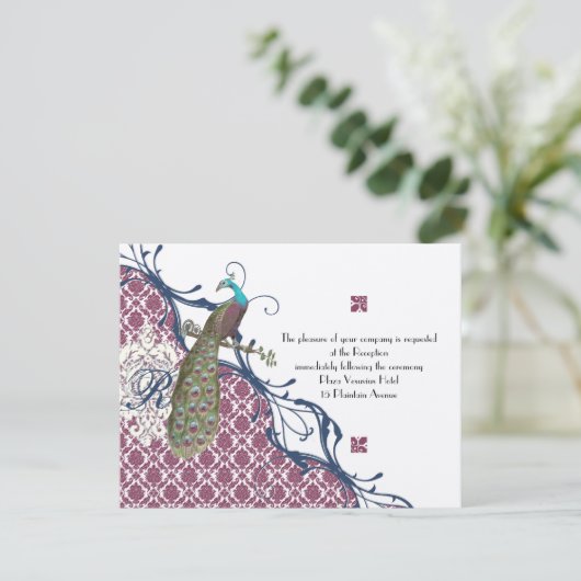 Navy & Berry Berry Elegant Damask Peacock Wedding Kaart (Staand voorkant)