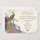 Navy & Berry Berry Elegant Damask Peacock Wedding Kaart (Voorkant)