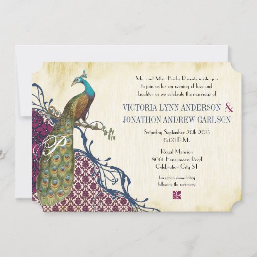 Navy & Berry Berry Elegant Damask Peacock Wedding Kaart (Voorkant)
