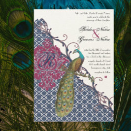 Navy & Berry Berry Elegant Damask Peacock Wedding Kaart