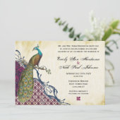 Navy & Berry Berry Elegant Damask Peacock Wedding Kaart (Staand voorkant)