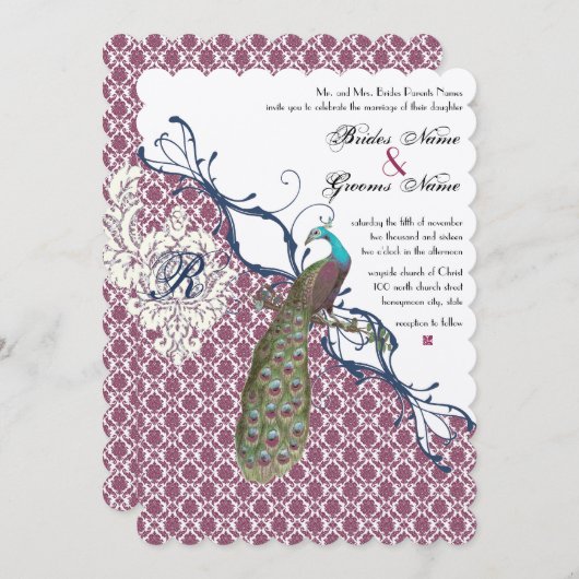 Navy & Berry Berry Elegant Damask Peacock Wedding Kaart (Voorkant / Achterkant)