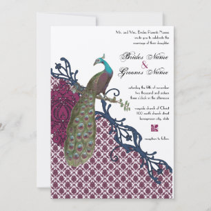 Navy & Berry Berry Elegant Damask Peacock Wedding Kaart