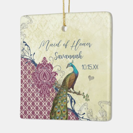 Navy & Berry Berry Elegant Damask Peacock Wedding Keramisch Ornament (Links)