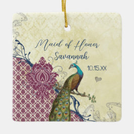Navy & Berry Berry Elegant Damask Peacock Wedding Keramisch Ornament