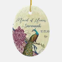Navy & Berry Berry Elegant Damask Peacock Wedding Keramisch Ornament
