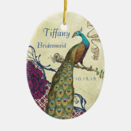 Navy & Berry Berry Elegant Damask Peacock Wedding Metalen Ornament