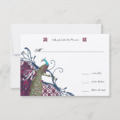 Navy & Berry Berry Elegant Damask Peacock Wedding RSVP Kaartje (Voorkant)