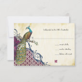 Navy & Berry Berry Elegant Damask Peacock Wedding RSVP Kaartje (Voorkant)