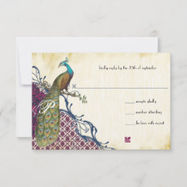 Navy & Berry Berry Elegant Damask Peacock Wedding RSVP Kaartje