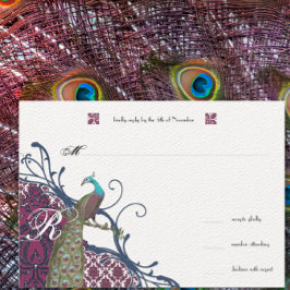 Navy & Berry Berry Elegant Damask Peacock Wedding RSVP Kaartje