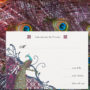 Navy & Berry Berry Elegant Damask Peacock Wedding RSVP Kaartje