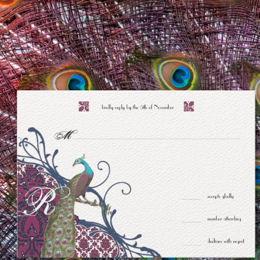 Navy & Berry Berry Elegant Damask Peacock Wedding RSVP Kaartje