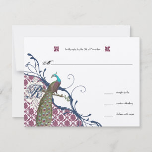 Navy & Berry Berry Elegant Damask Peacock Wedding RSVP Kaartje