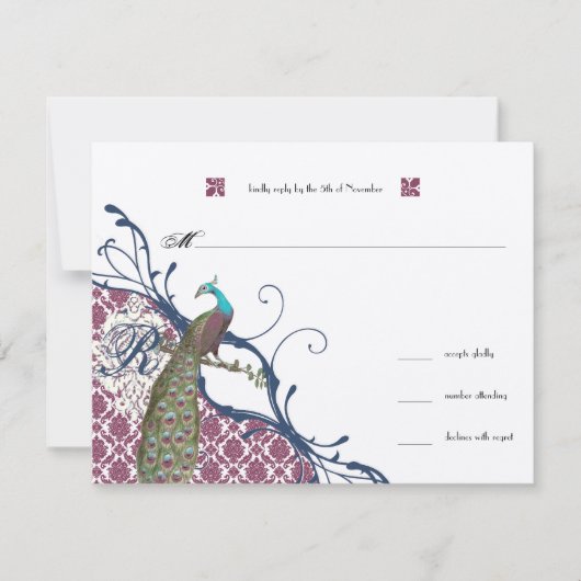 Navy & Berry Berry Elegant Damask Peacock Wedding RSVP Kaartje (Voorkant)