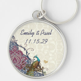 Navy & Berry Berry Elegant Damask Peacock Wedding Sleutelhanger