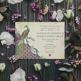 Navy & Berry Berry Elegante Damast Pauw Huwelijk Kaart