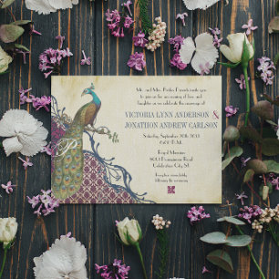 Navy & Berry Berry Elegante Damast Pauw Huwelijk Kaart