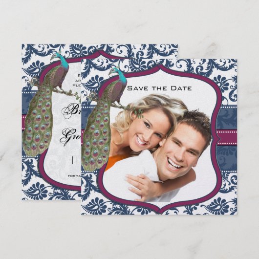 Navy & Berry Berry Elegante Damast Pauw Huwelijk Kaart (Voorkant / Achterkant)