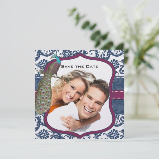 Navy & Berry Berry Elegante Damast Pauw Huwelijk Kaart (Staand voorkant)