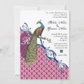 Navy & Berry Berry Monogram Damask Peacock Wedding Kaart (Voorkant)