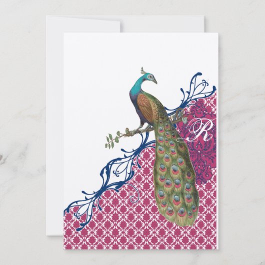 Navy & Berry Berry Monogram Damask Peacock Wedding Kaart (Achterkant)