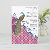 Navy & Berry Berry Monogram Damask Peacock Wedding Kaart (Staand voorkant)