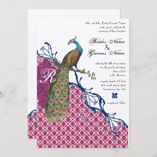 Navy & Berry Berry Monogram Damask Peacock Wedding Kaart (Voorkant / Achterkant)