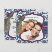 Navy & Berry Elegante Damast Pauw Huwelijk Kaart (Voorkant / Achterkant)