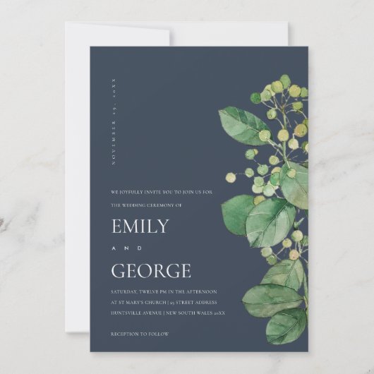 NAVY BERRY LEAVES FOLIAGE GREENERY WEDDING INVITE BEDANKKAART (Voorkant)