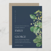 NAVY BERRY LEAVES FOLIAGE GREENERY WEDDING INVITE BEDANKKAART (Voorkant / Achterkant)