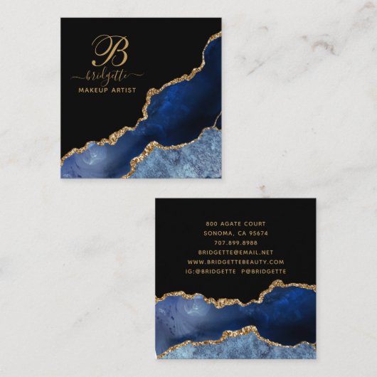 Navy Black Agate Geode Gold Glitter Makeup Vierkante Visitekaartje (Voorkant / Achterkant)