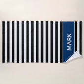 Navy Black and White Striped Name Cabana Stripe Strandlaken (Voorkant)