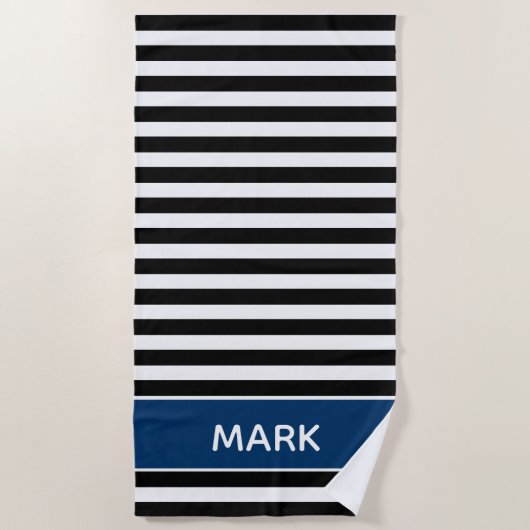 Navy Black and White Striped Name Cabana Stripe Strandlaken (Voorkant)