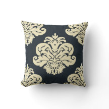 Navy Black Cream Damask