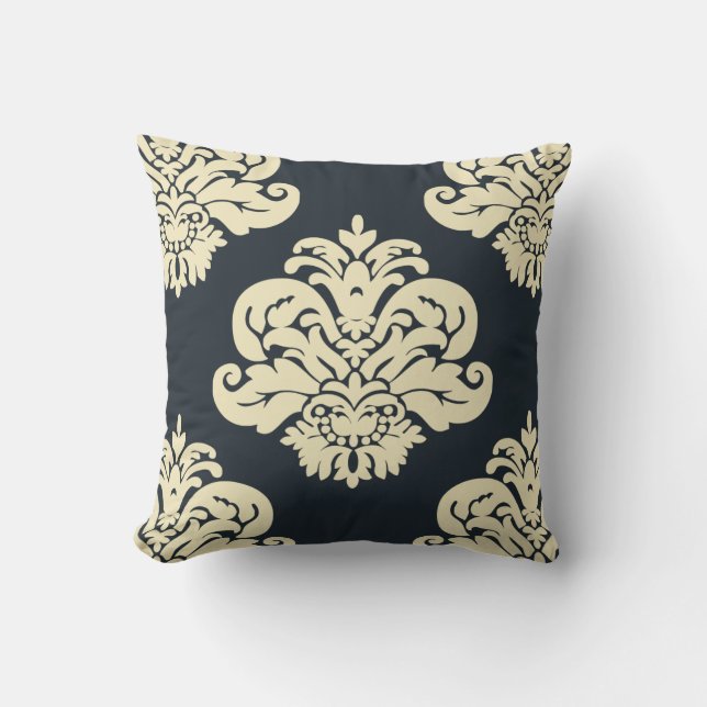 Navy Black Cream Damask Kussen (Voorkant)
