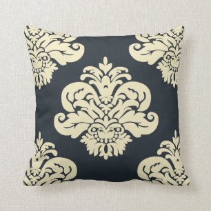 Navy Black Cream Damask Kussen