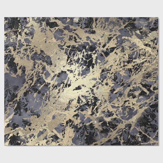 Navy Black Floral Faux Gold Grungy Marble Strokes Cadeaupapier (Vlak)