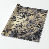 Navy Black Floral Faux Gold Grungy Marble Strokes Cadeaupapier (Uitgerold)