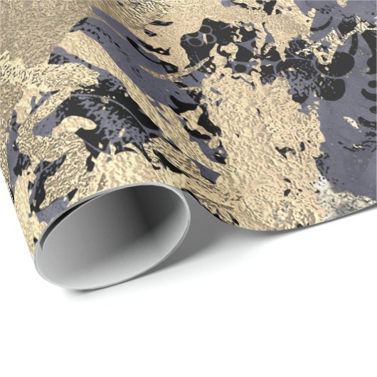 Navy Black Floral Faux Gold Grungy Marble Strokes Cadeaupapier (Rol Hoek)